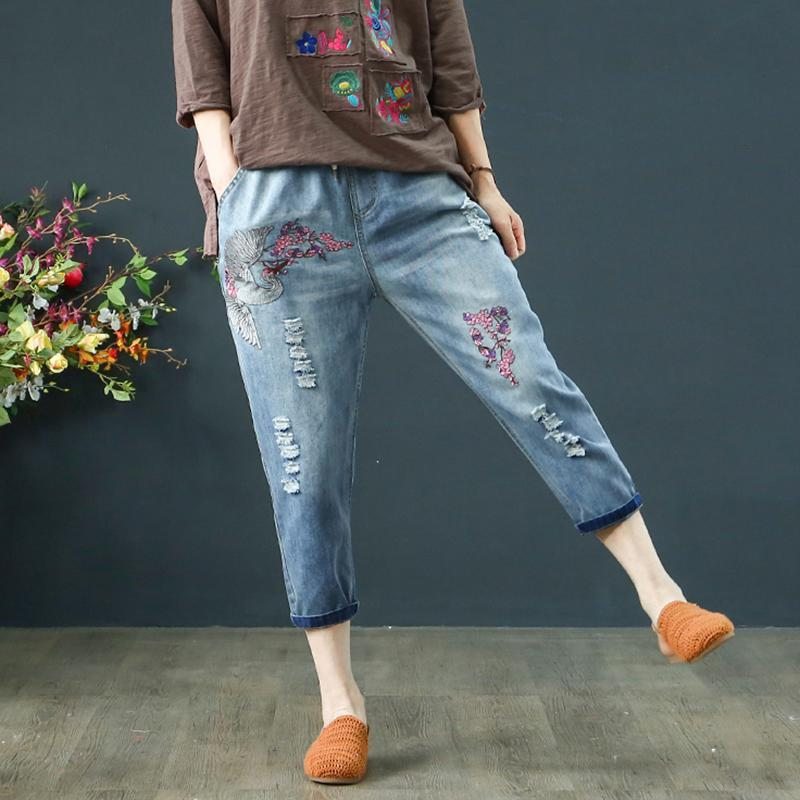 Pantalon Taille Élastique En Détresse Avec Broderie Florale