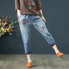 Pantalon Taille Élastique En Détresse Avec Broderie Florale