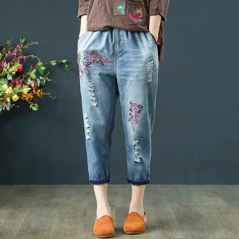 Pantalon Taille Élastique En Détresse Avec Broderie Florale