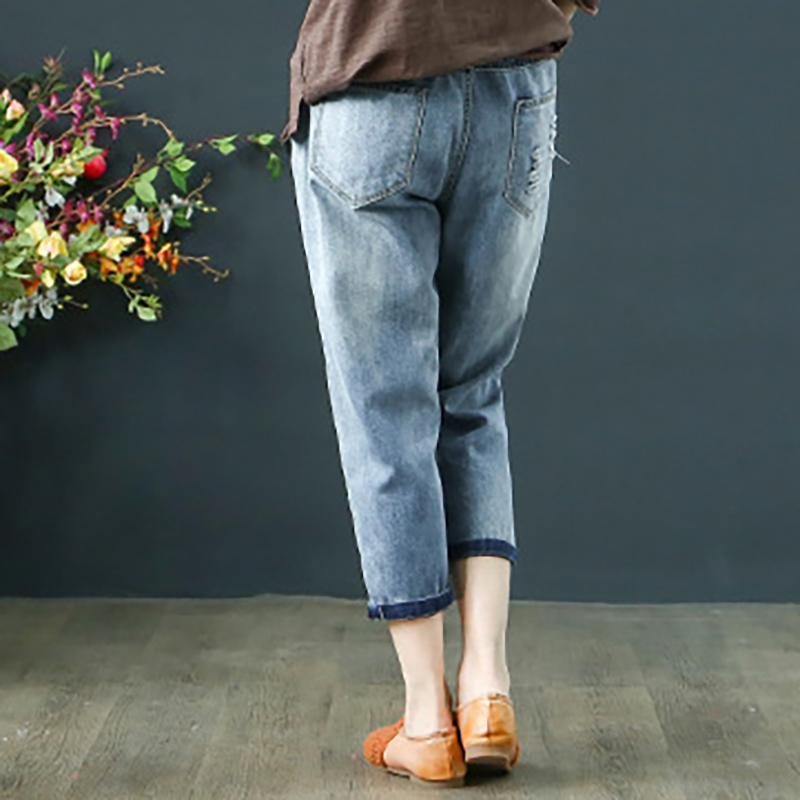 Pantalon Taille Élastique En Détresse Avec Broderie Florale