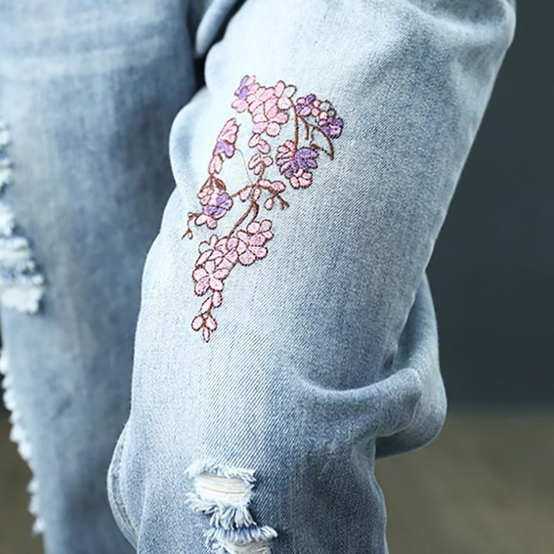 Pantalon Taille Élastique En Détresse Avec Broderie Florale