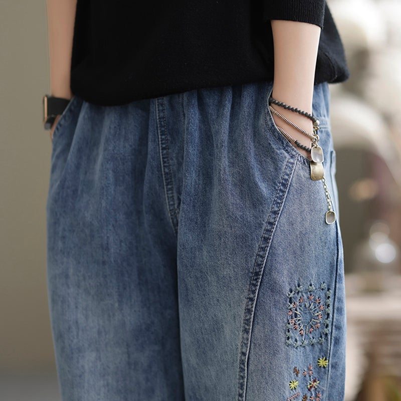 Printemps Casual Loose Retro Splicing Broderie Harem Jeans