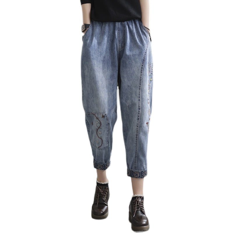 Printemps Casual Loose Retro Splicing Broderie Harem Jeans