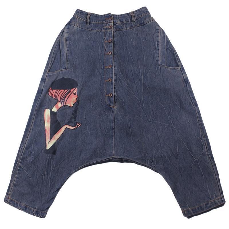 Printemps Été Impression Denim Femmes Pantalons Suspendus Lâches