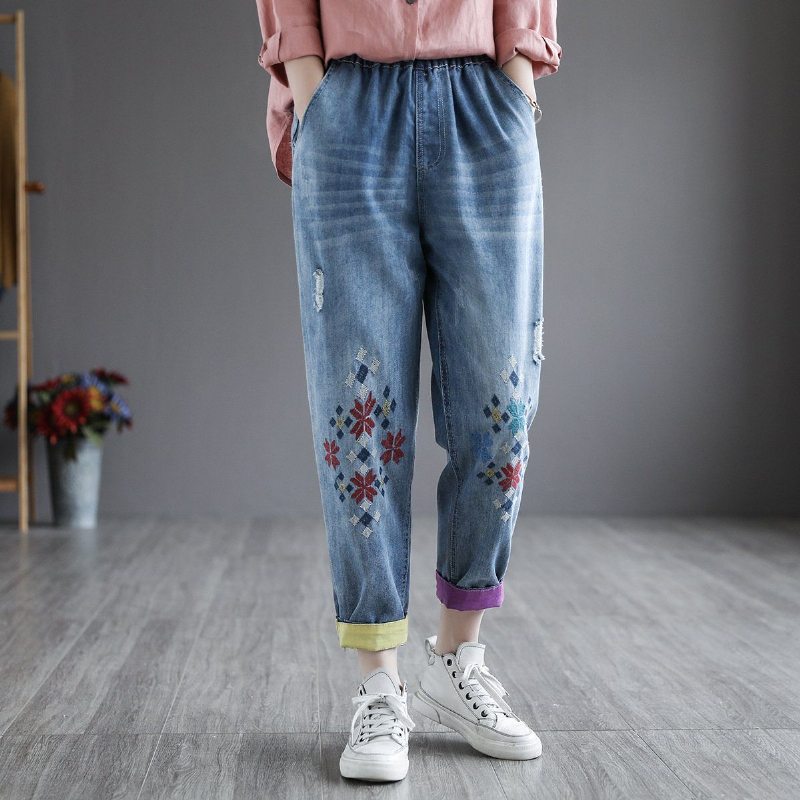 Sarouel Brodé En Denim Rétro D'été