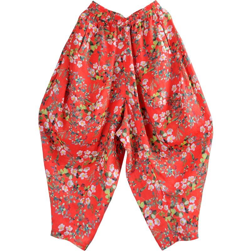 Sarouel Loose Ramie Imprimé Floral Rouge