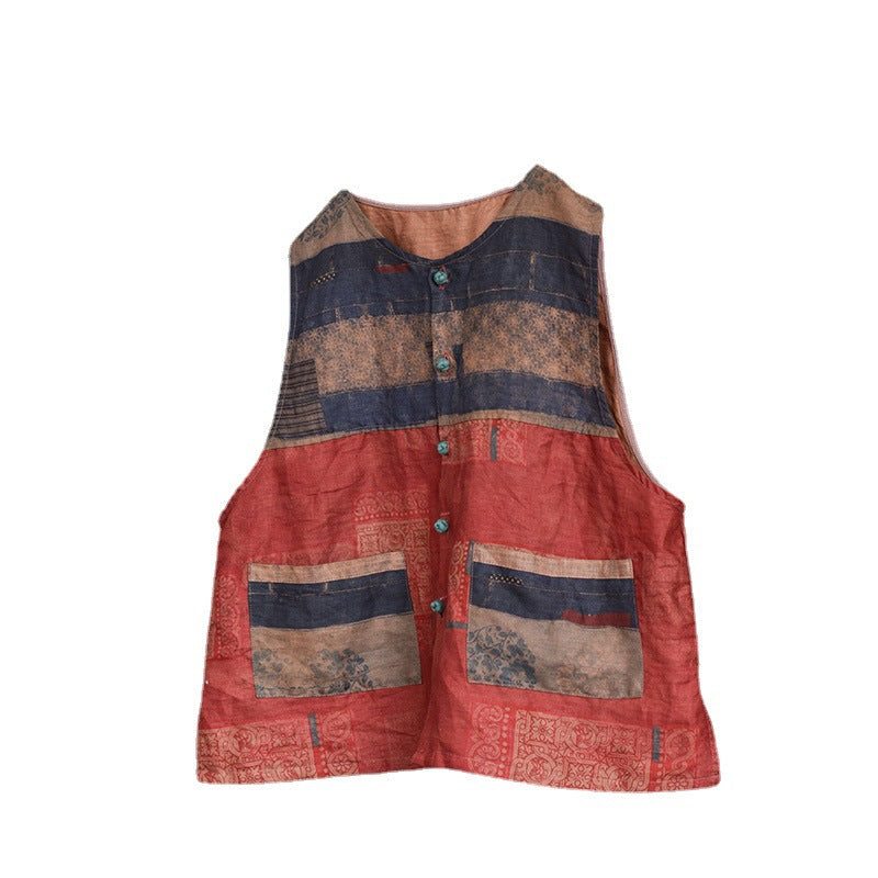 Gilet Ample En Lin Patchwork Rétro Pour Femme