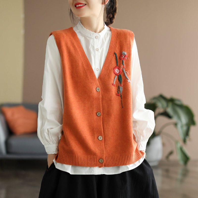 Gilet De Broderie Florale De Printemps Lâche Rétro Pour Femmes