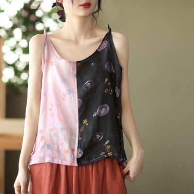 Gilet D'été En Lin Patchwork Floral Pour Femmes