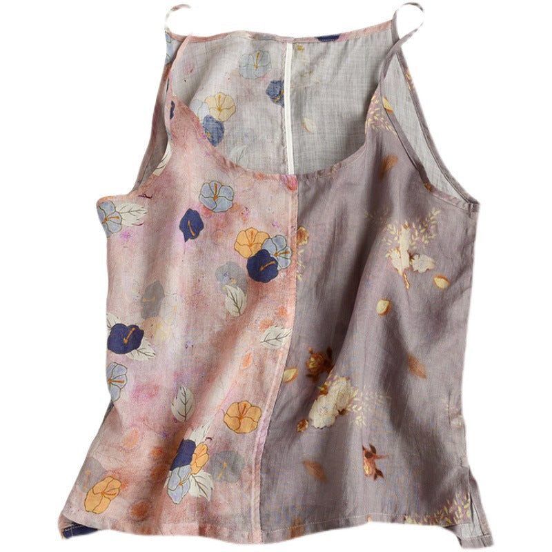 Gilet D'été En Lin Patchwork Floral Pour Femmes