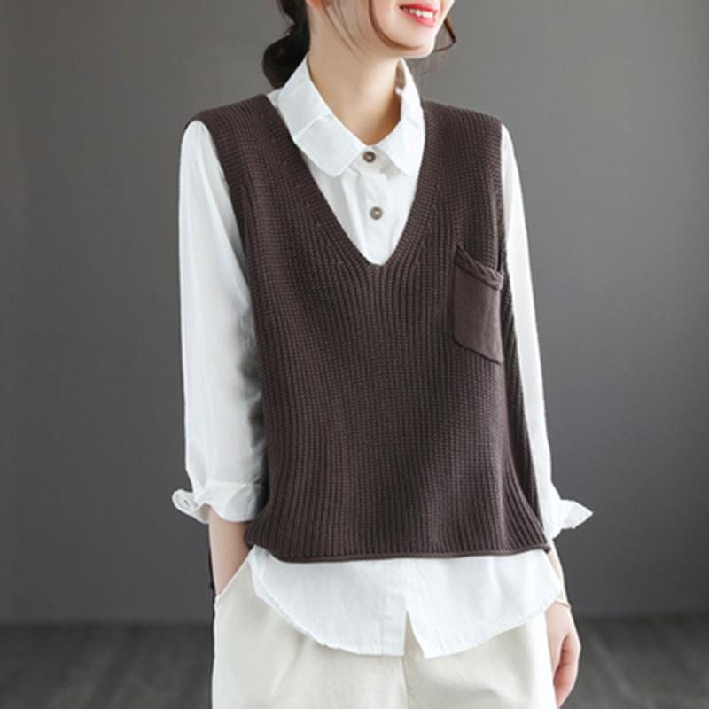 Gilet Pull En Tricot De Coton À Col En V Rétro