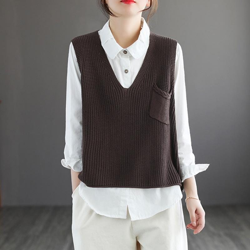 Gilet Pull En Tricot De Coton À Col En V Rétro