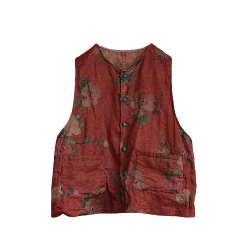 Gilet Simple Boutonnage En Lin À Fleurs Rétro Pour Femme