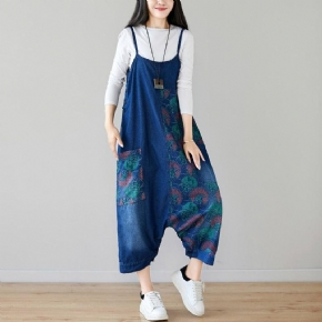 Automne Denim Bib Loose Hanging Retro Imprimé Jupe Jumpsuit