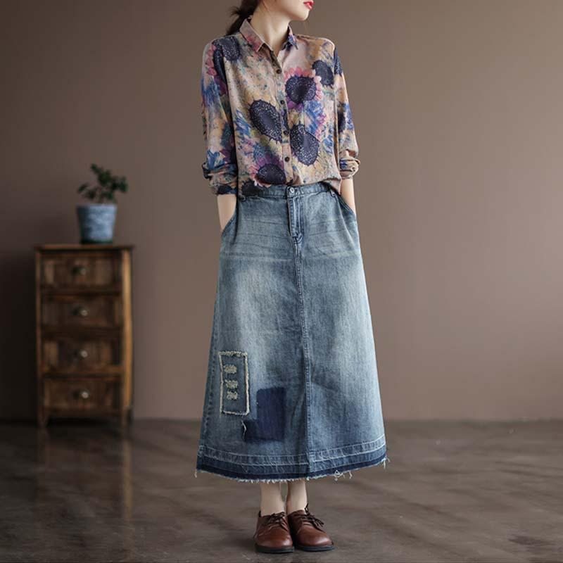 Automne Retro Hollow A-line Denim Jupe