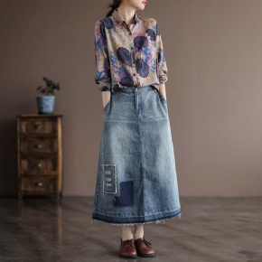 Automne Retro Hollow A-line Denim Jupe