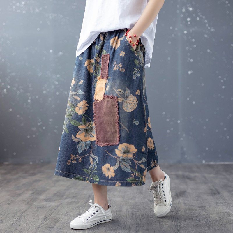 Jupe En Denim De Coton A-lin Patchwork Floral Rétro