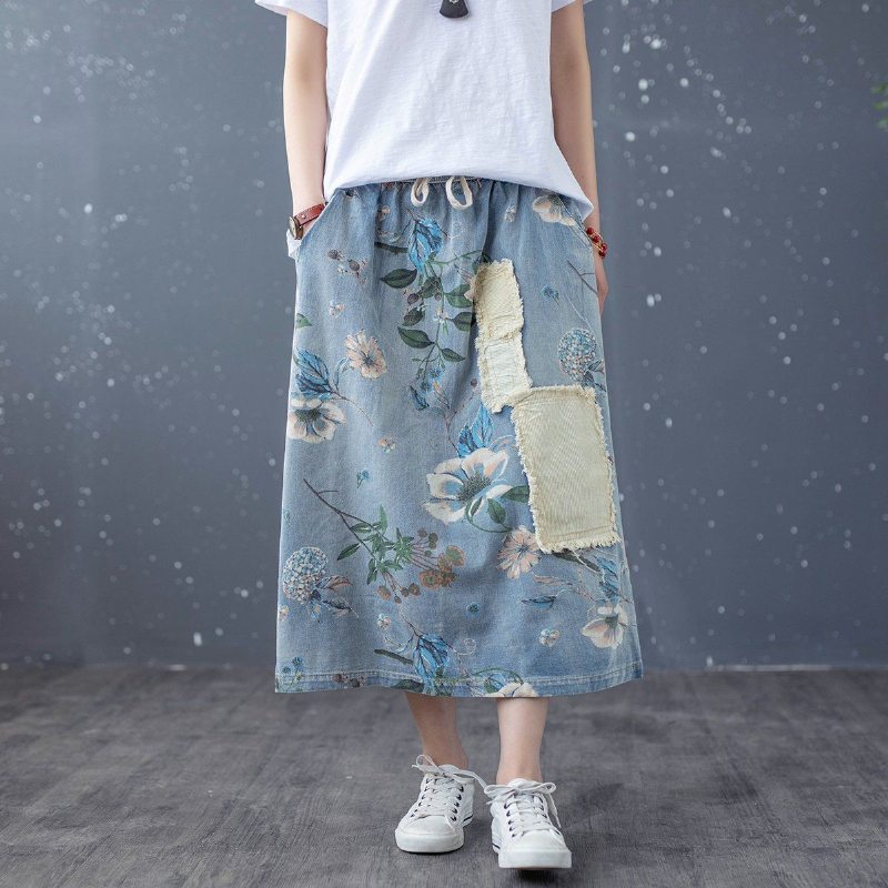 Jupe En Denim De Coton A-lin Patchwork Floral Rétro