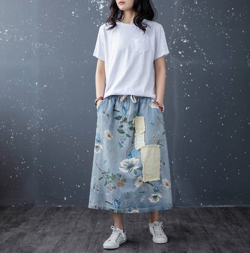 Jupe En Denim De Coton A-lin Patchwork Floral Rétro