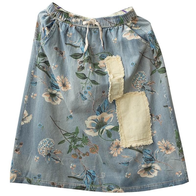 Jupe En Denim De Coton A-lin Patchwork Floral Rétro