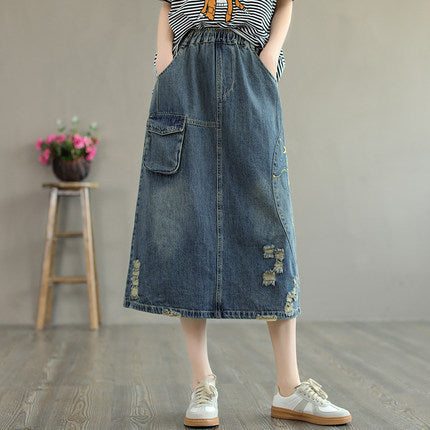 Jupe En Denim De Coton Déchiré Avec Broderie Rétro D'été