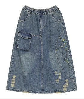 Jupe En Denim De Coton Déchiré Avec Broderie Rétro D'été