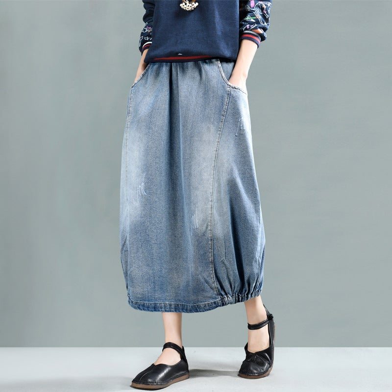 Spring Retro A-line Cotton Denim Jupe