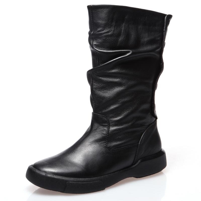 Automne Hiver Bottes Pour Femmes Froissées En Cuir De Vachette