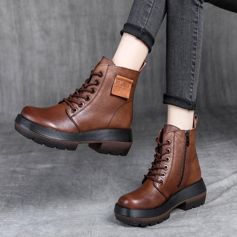 Automne Hiver Bottes À Tête Ronde En Cuir À Semelle Épaisse