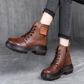 Automne Hiver Bottes À Tête Ronde En Cuir À Semelle Épaisse