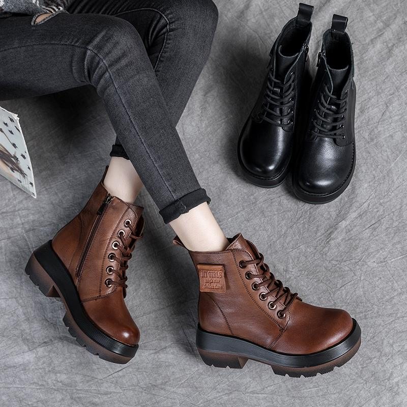 Automne Hiver Bottes À Tête Ronde En Cuir À Semelle Épaisse