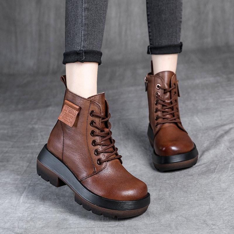 Automne Hiver Bottes À Tête Ronde En Cuir À Semelle Épaisse