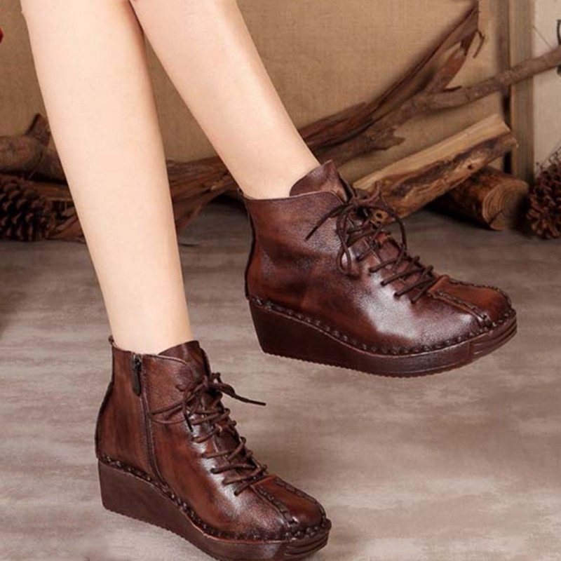 Automne Hiver Ethnic Handmade Leather Wedge Bottines Pour Femmes