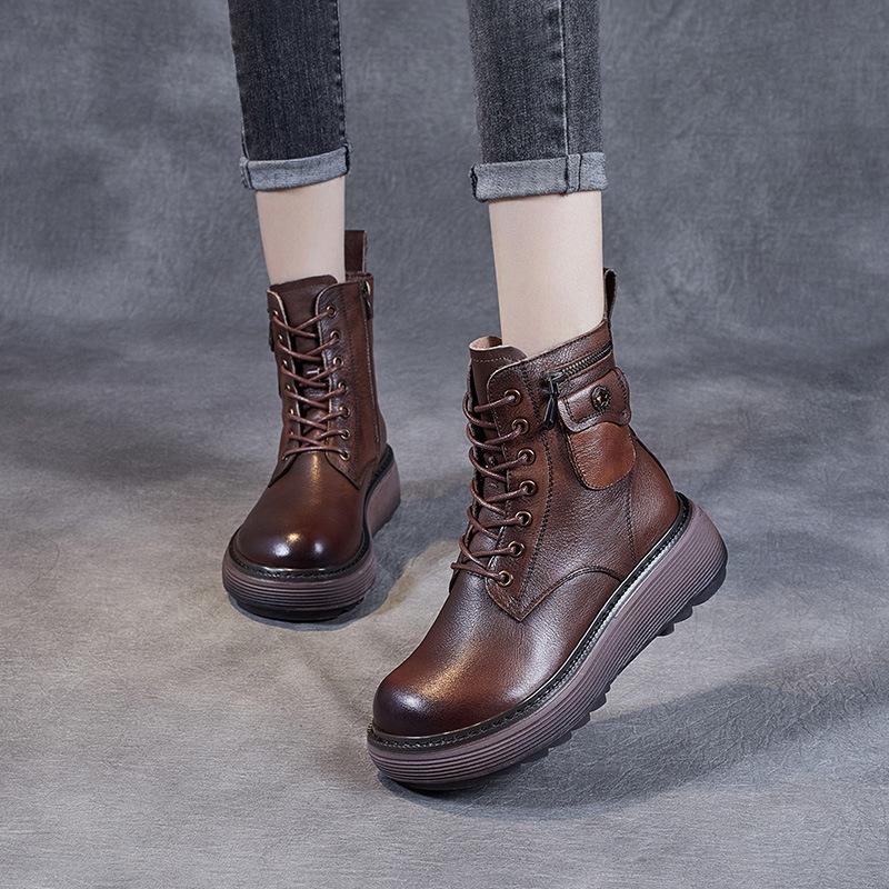 Automne Hiver Femmes Plate-forme Rétro Épaissir Bottes En Cuir