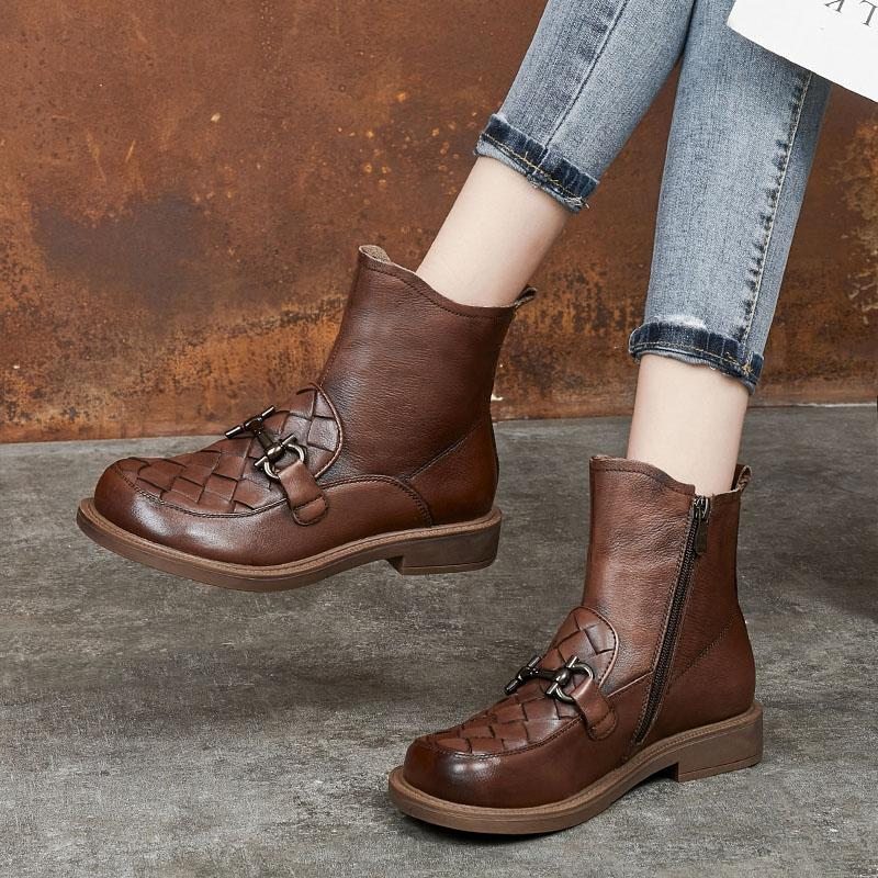 Botte À Petit Talon En Cuir Vintage Tissée À La Main Automne 2020