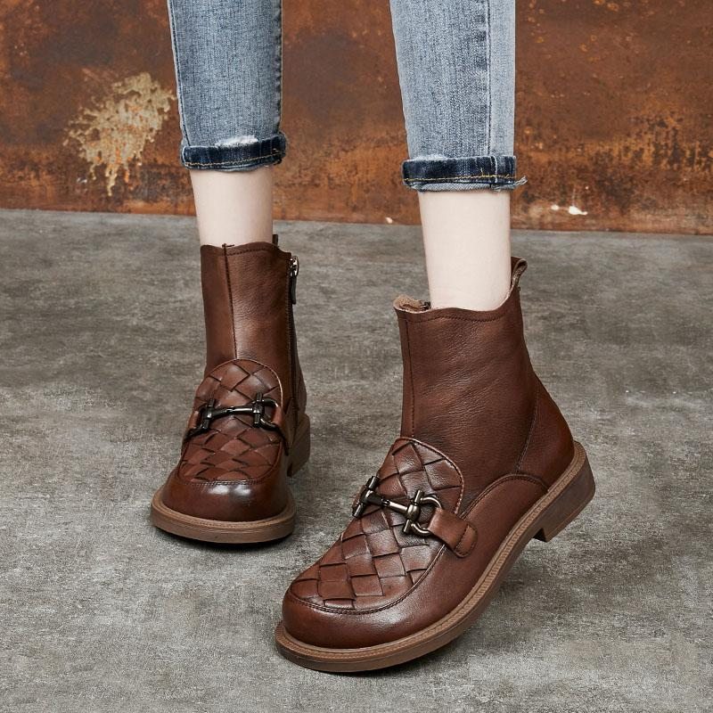 Botte À Petit Talon En Cuir Vintage Tissée À La Main Automne 2020