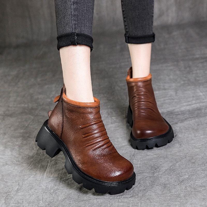 Bottes Compensées Vintage En Cuir Pour Femmes