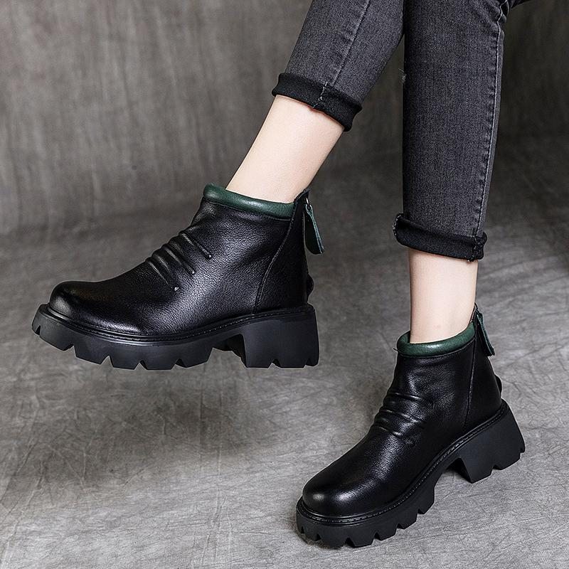 Bottes Compensées Vintage En Cuir Pour Femmes