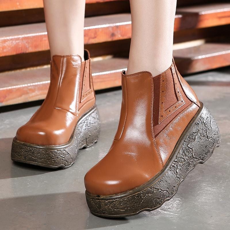 Bottes Courtes Pour Femmes À Plate-forme Imperméable Rétro À Fond Souple Épais