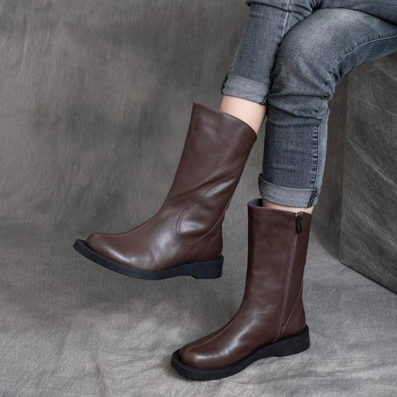 Bottes Courtes Mi-tube En Cuir Rétro Automne Hiver