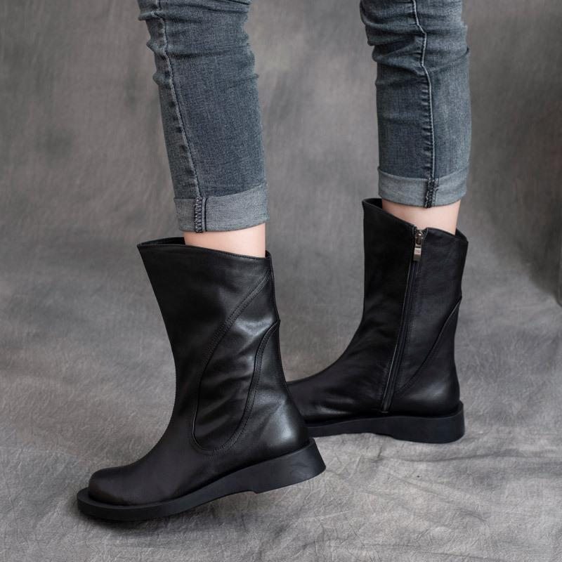 Bottes Courtes Mi-tube En Cuir Rétro Automne Hiver