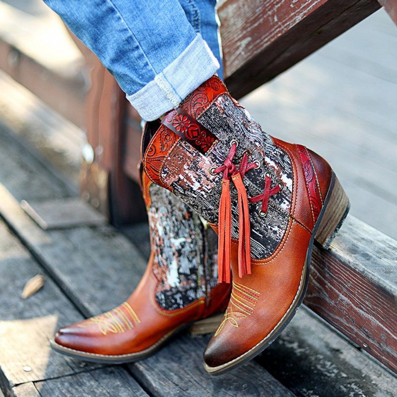 Bottes De Cowboy En Cuir À Surpiqûres Multicolores