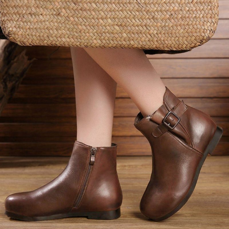 Bottes En Cuir À Boucle Rétro Pour Femmes