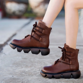 Bottes En Cuir Compensées À Plate-forme Faites À La Main Rétro Automne-hiver