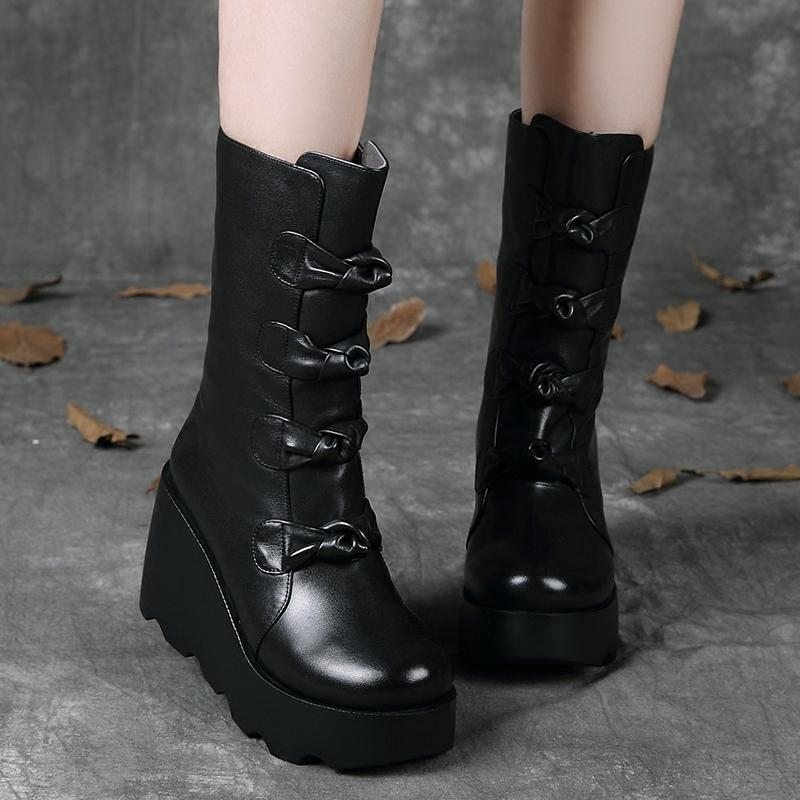 Bottes En Cuir Compensées À Tête Ronde Rétro Automne-hiver