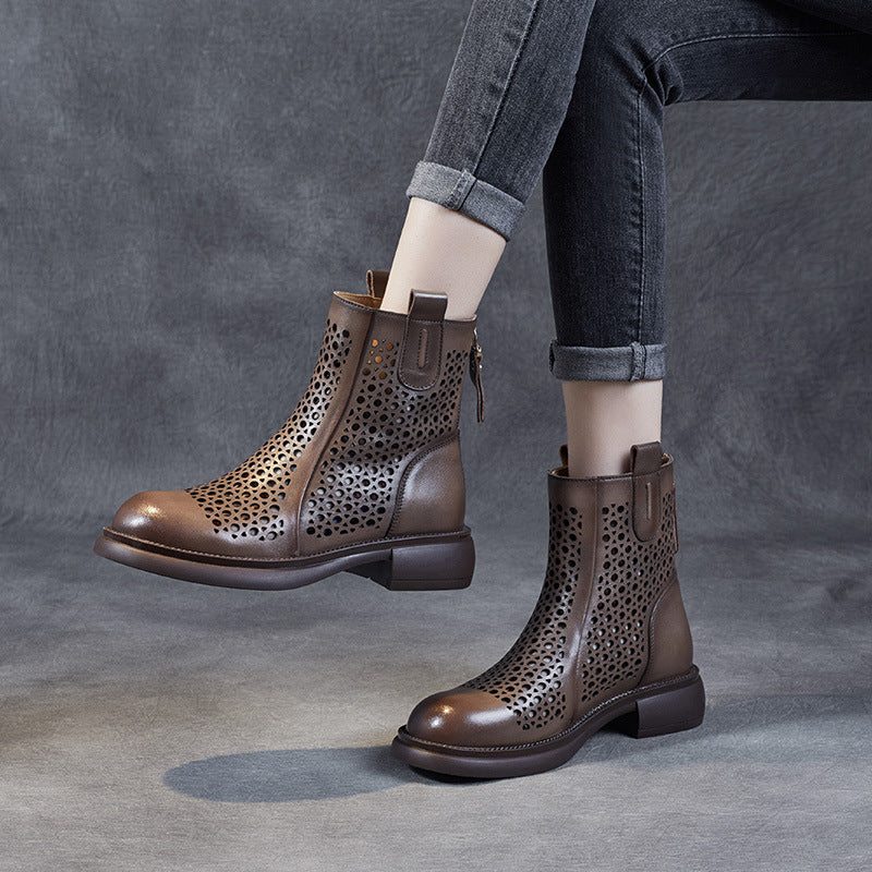 Bottes En Cuir Creuses Vintage Pour Femmes Printemps Été