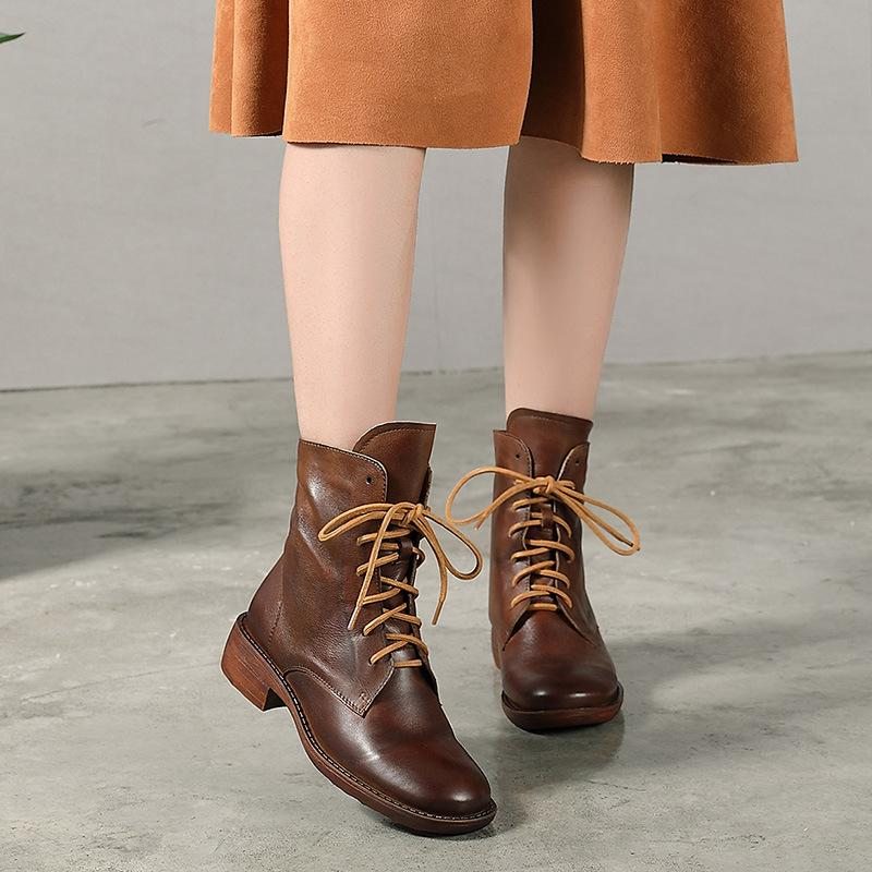 Bottes En Cuir Faites À La Main En Peluche Rétro Pour Femmes D'automne Et D'hiver