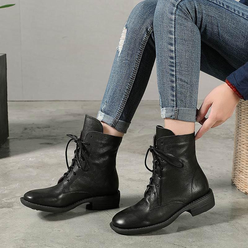 Bottes En Cuir Faites À La Main En Peluche Rétro Pour Femmes D'automne Et D'hiver