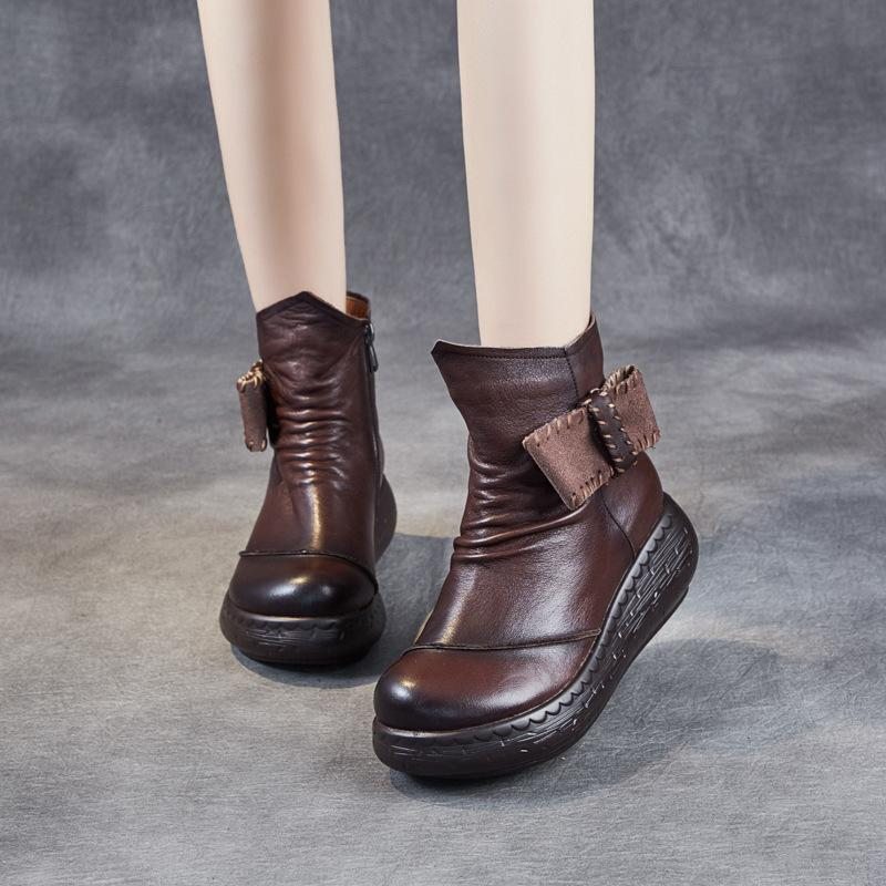 Bottes En Cuir Faites À La Main À Plate-forme Rétro Pour Femmes D'automne Et D'hiver