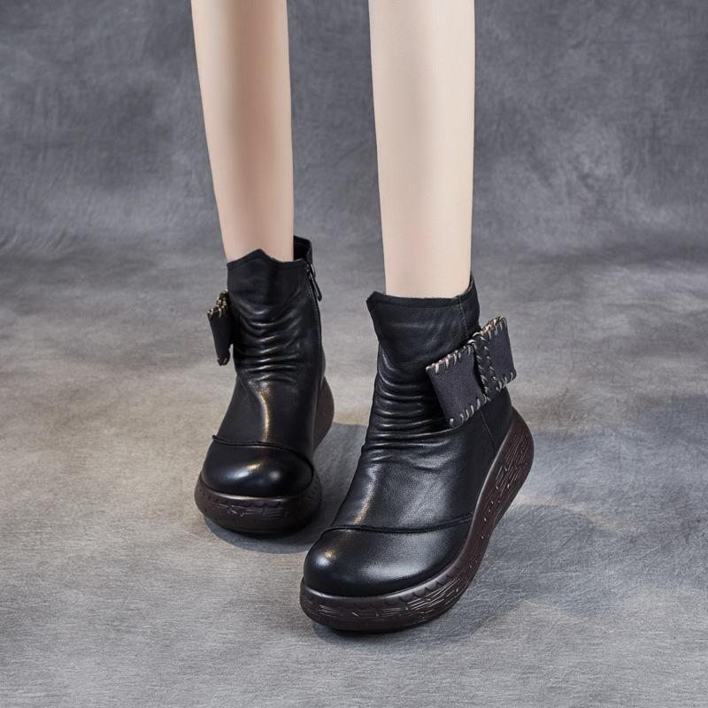 Bottes En Cuir Faites À La Main À Plate-forme Rétro Pour Femmes D'automne Et D'hiver